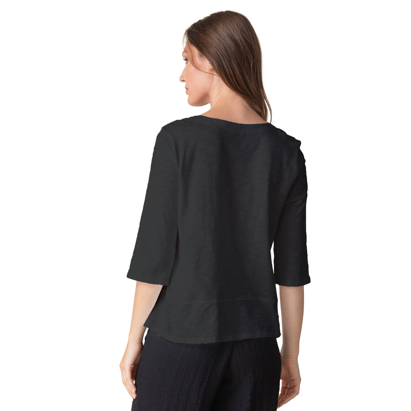 Textured V-Neck Cotton Tee in Black - 27515-BLK