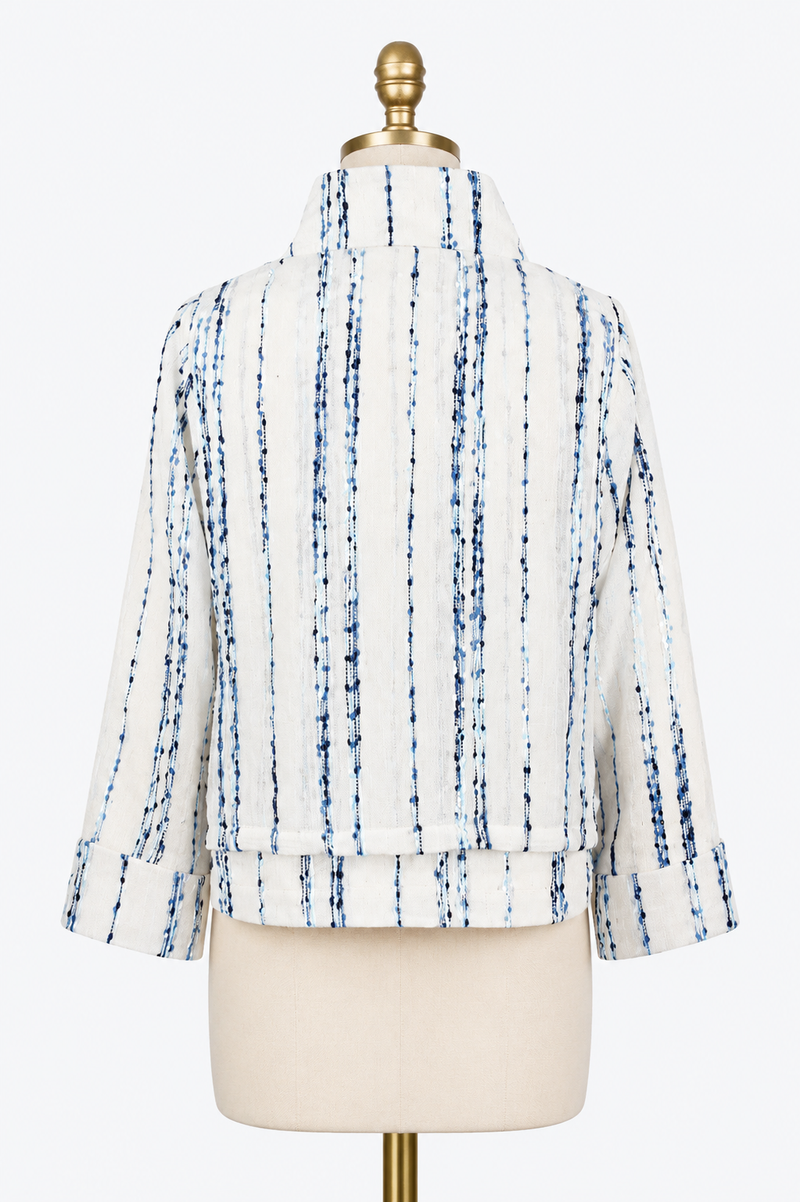 Textured Stripe Cinch-Waist Jacket in Ivory & Blue - 5045