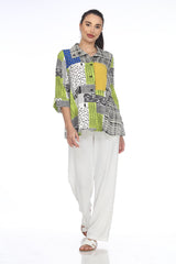Abstract Geometric Blouse in Cobalt, Black, White & a Pop of Mustard - 3282