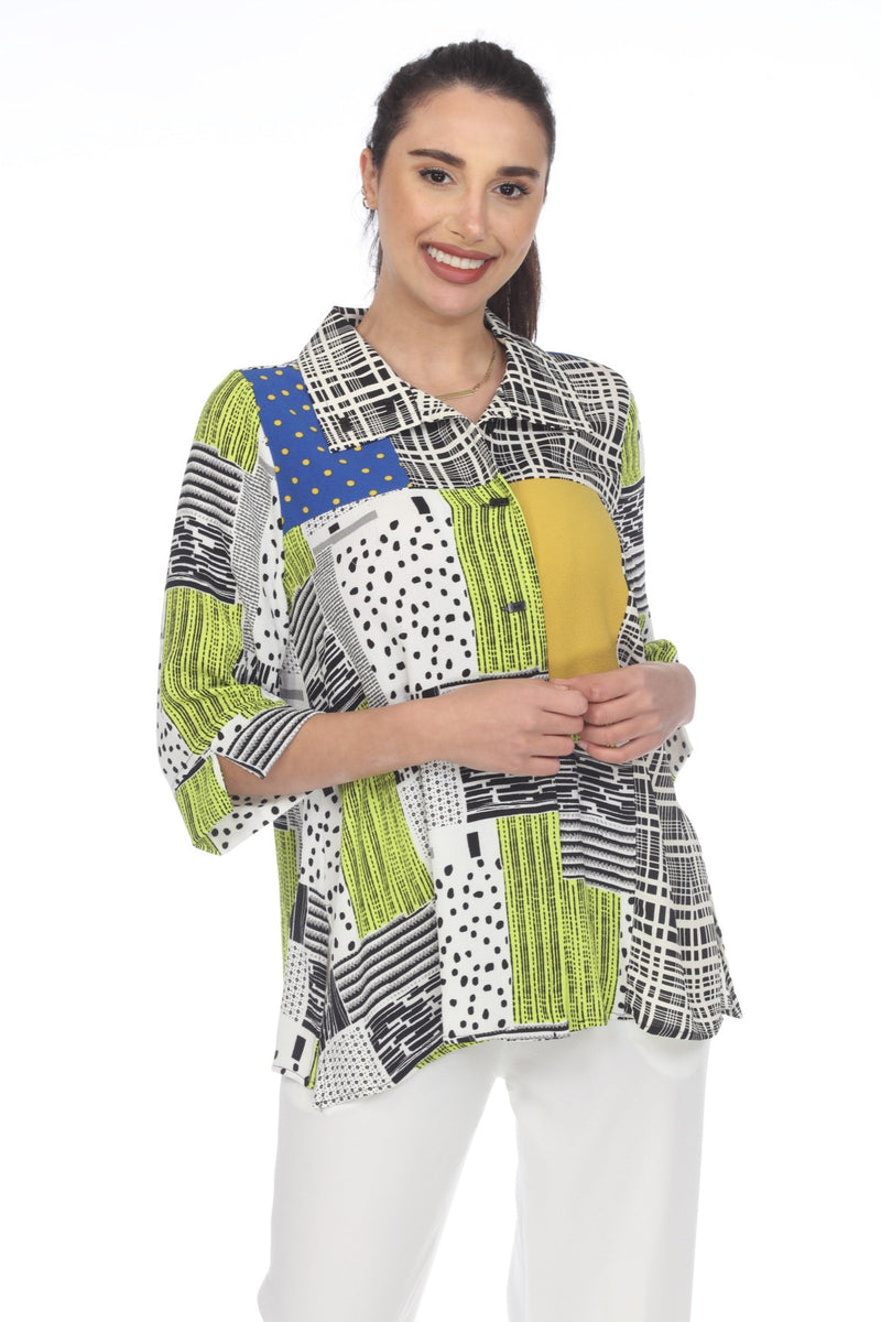 Abstract Geometric Blouse in Cobalt, Black, White & a Pop of Mustard - 3282