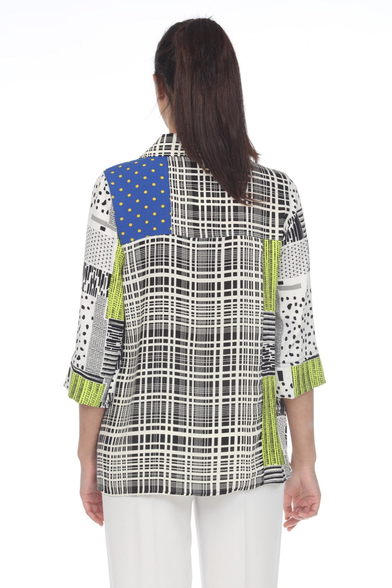 Abstract Geometric Blouse in Cobalt, Black, White & a Pop of Mustard - 3282