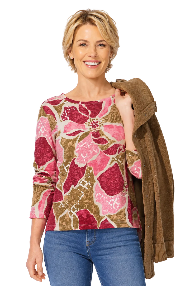 Floral Cotton High-Low Tee in Rose - 17325 - Sizes XS & XL Only!