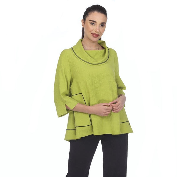 Moonlight Drape-Neck Tunic Top w/ Stitching in Lime - 3515-LM