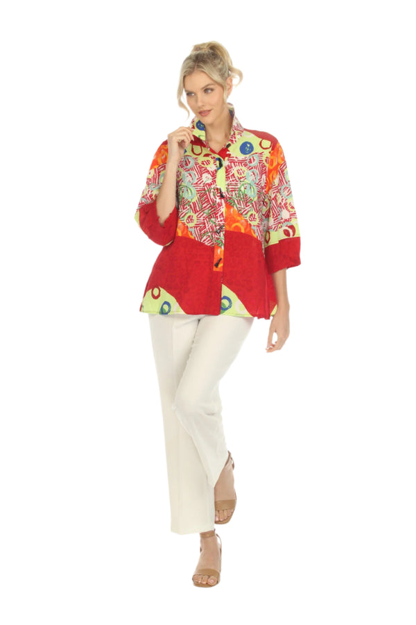 Mixed-Print Button Front Blouse in Red Multi- 3540