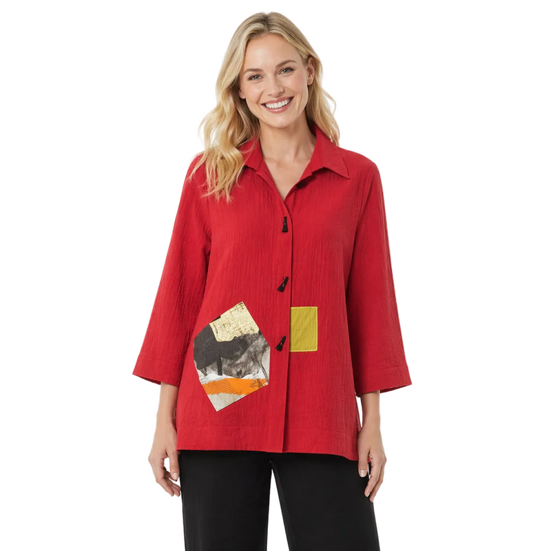 Textured Button-Front Shirt Jacket in Red - 3542-RD