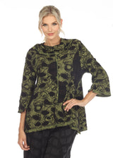 Textured Circle Print Drape Neck Tunic Top in Green- 3633