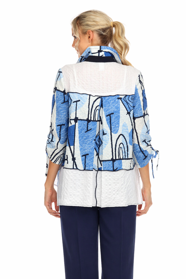 Textured Abstract-Print High-Low Blouse in Blue, White & Black - 3710