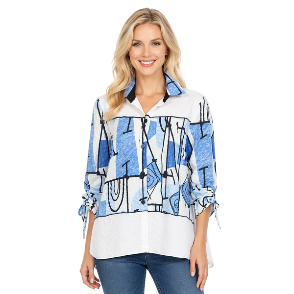 Textured Abstract-Print High-Low Blouse in Blue, White & Black - 3710