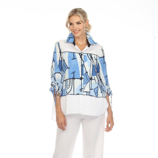 Textured Abstract-Print High-Low Blouse in Blue, White & Black - 3710