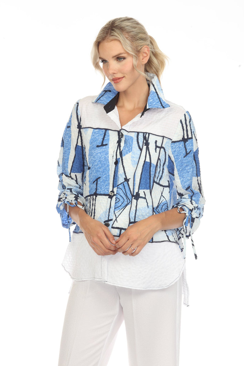 Abstract Blouse in Blue Hues, Black & White - 3710