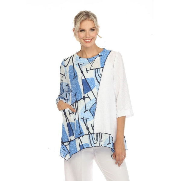 Moonlight Abstract Tunic Top in Blue Hues, Black & White - 3723