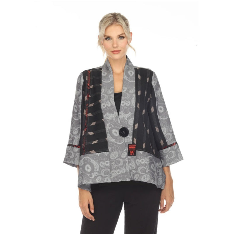 Moonlight Mixed Media Jacquard One-Button Jacket in Silver, Grey Black & Red - 3789