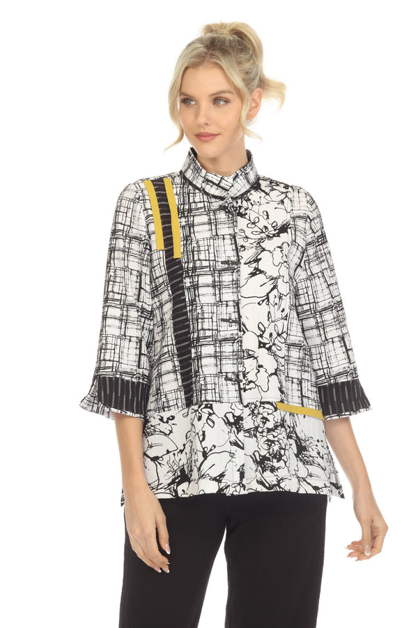 Sketch-Print Mandarin Collar Blouse - 3862