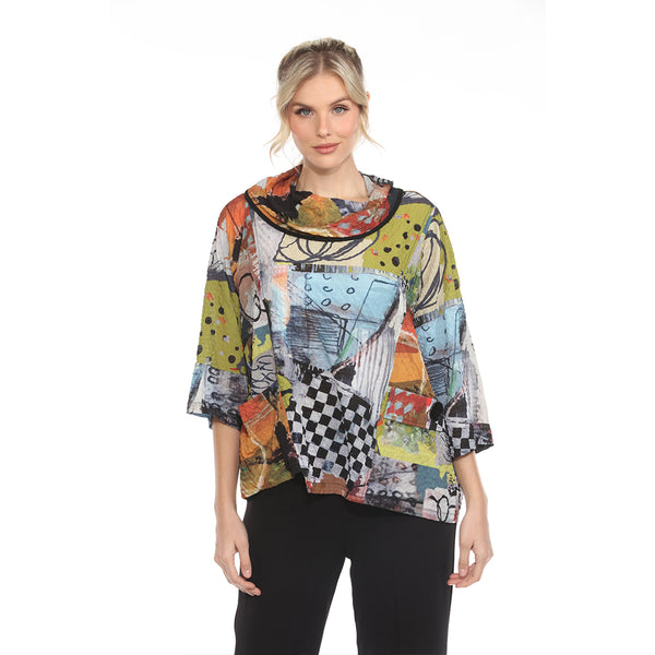 Modern-Art-Print Draped Neck Top - 3970