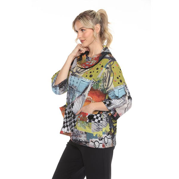 Modern-Art-Print Draped Neck Top - 3970