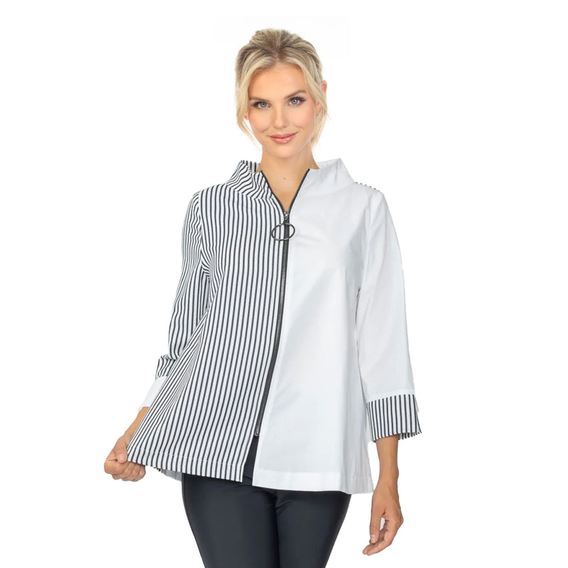 Colorblock Stripe Zip Front Jacket in Black & White - 7854J
