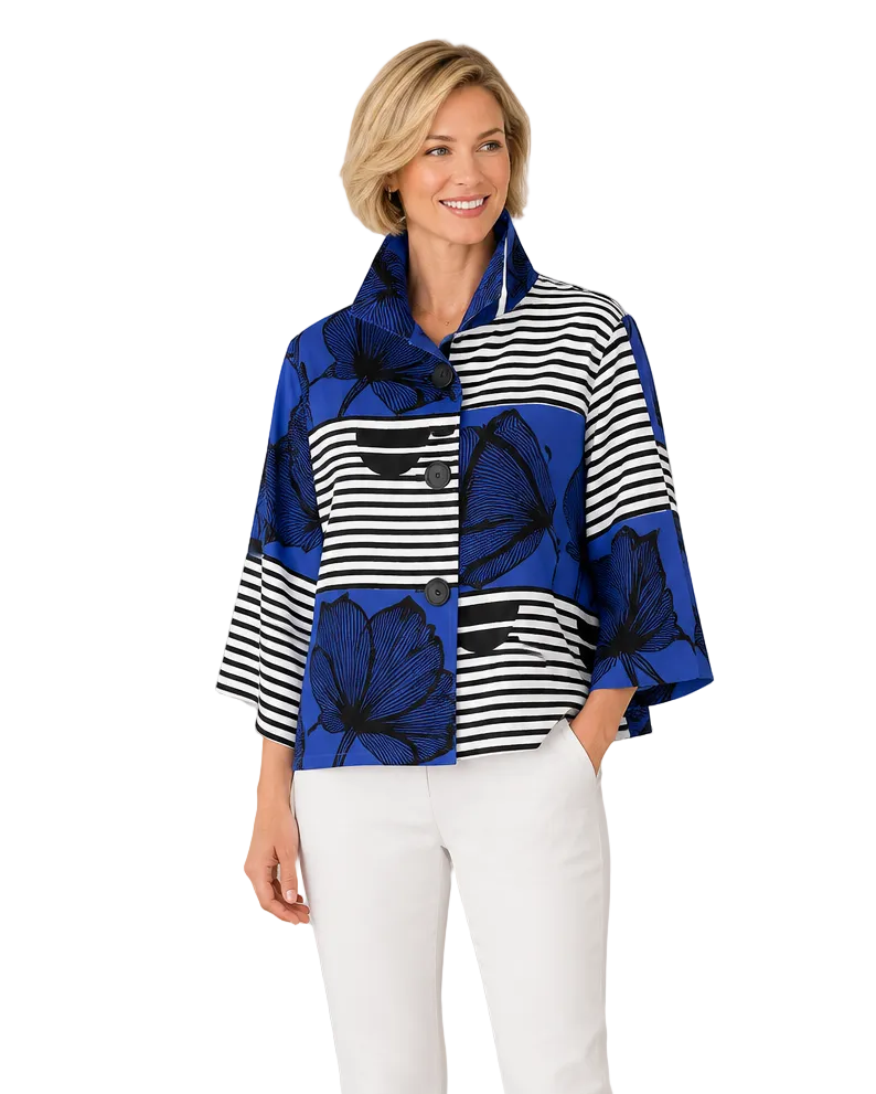 Floral & Stripe Colorblock Jacket - 5007-BLU