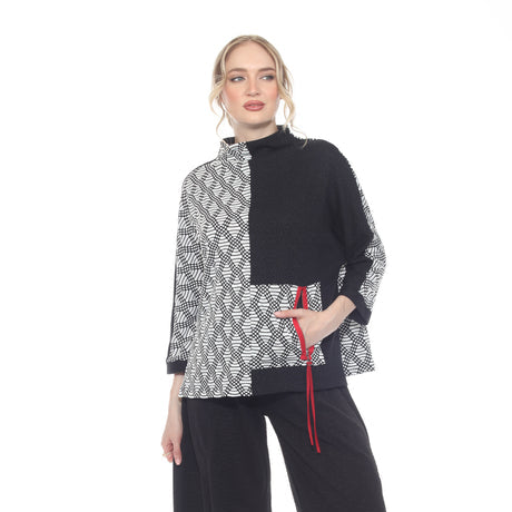 Colorblock Geometric Print Top with Red Accent  - 4001