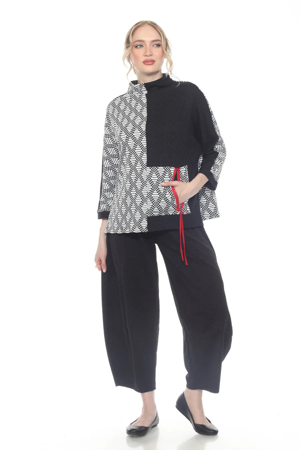 Colorblock Geometric Print Top with Red Accent  - 4001