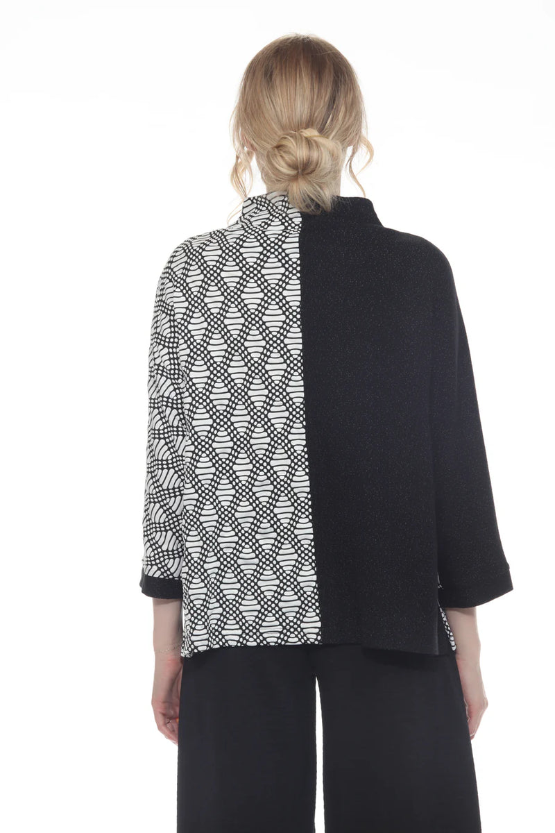 Colorblock Geometric Print Top with Red Accent  - 4001