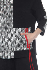 Colorblock Geometric Print Top with Red Accent  - 4001