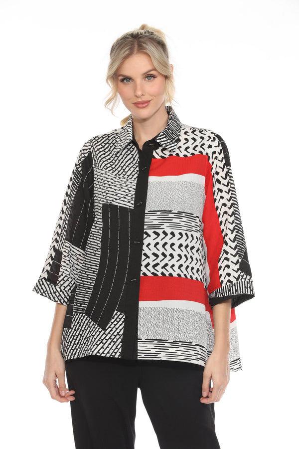 Mixed-Print Button Front Blouse in Red Multi - 4027