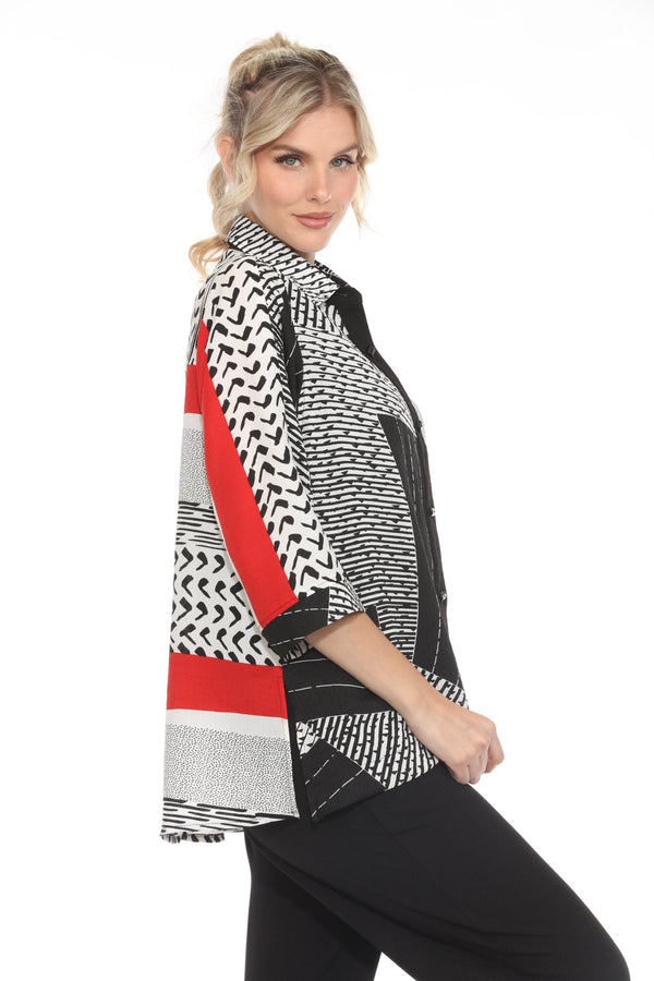 Abstract-Print Blouse in Black, Ivory & Red - 4027