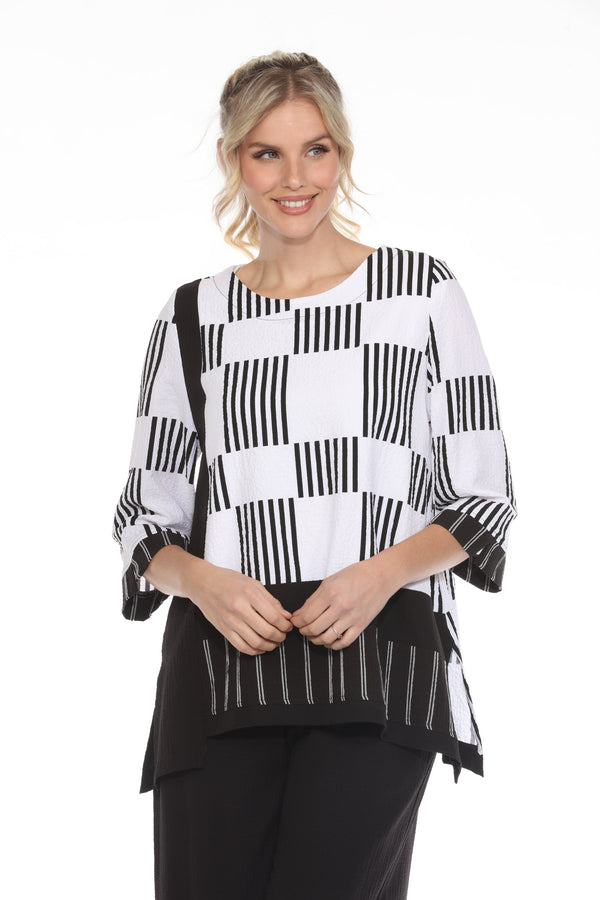 Mixed Stripe Side Slit Top in Black & White - 4035