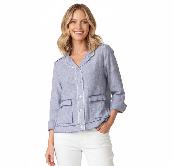Soft Raw-Edge Linen Blend Button Front Jacket - 41552