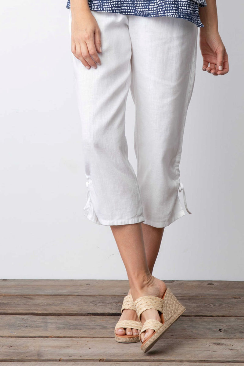 Summer Breeze Linen Ruched Capri in White - 41563-WHT