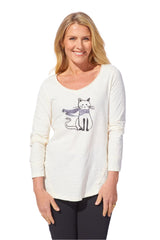 Cat Lover Cotton Slub V-Neck Top in Ivory - 41726-IVO