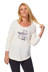 Cat Lover Cotton Slub V-Neck Top in Ivory - 41726-IVO