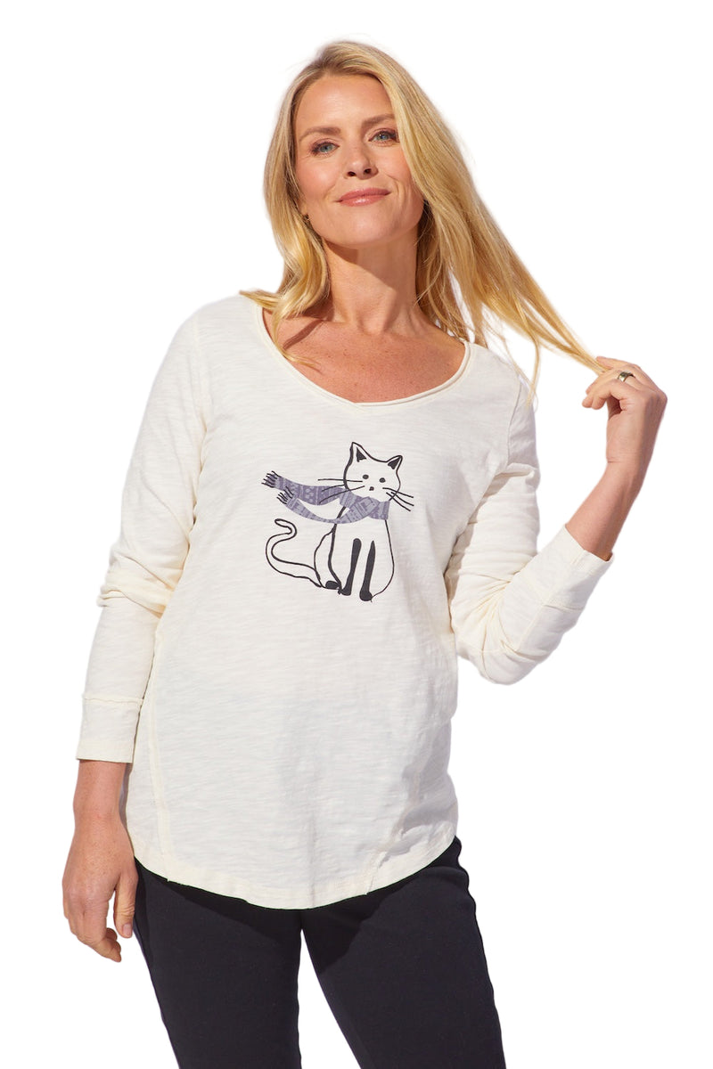 Cat Lover Cotton Slub V-Neck Top in Ivory - 41726-IVO