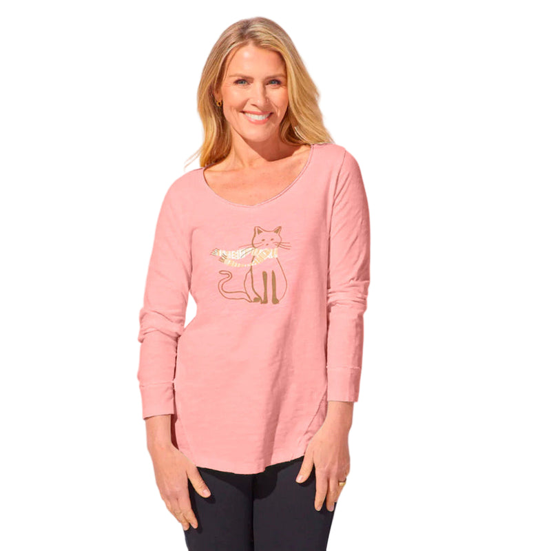 Cat Lover Cotton V-Neck Top in Rose - 41726-RSE