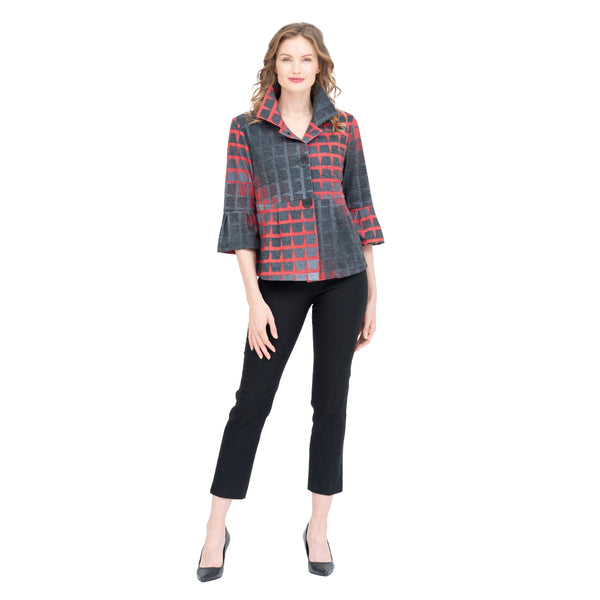 Two-Tone Grid-Print Short Peplum Jacket - 4946-RD