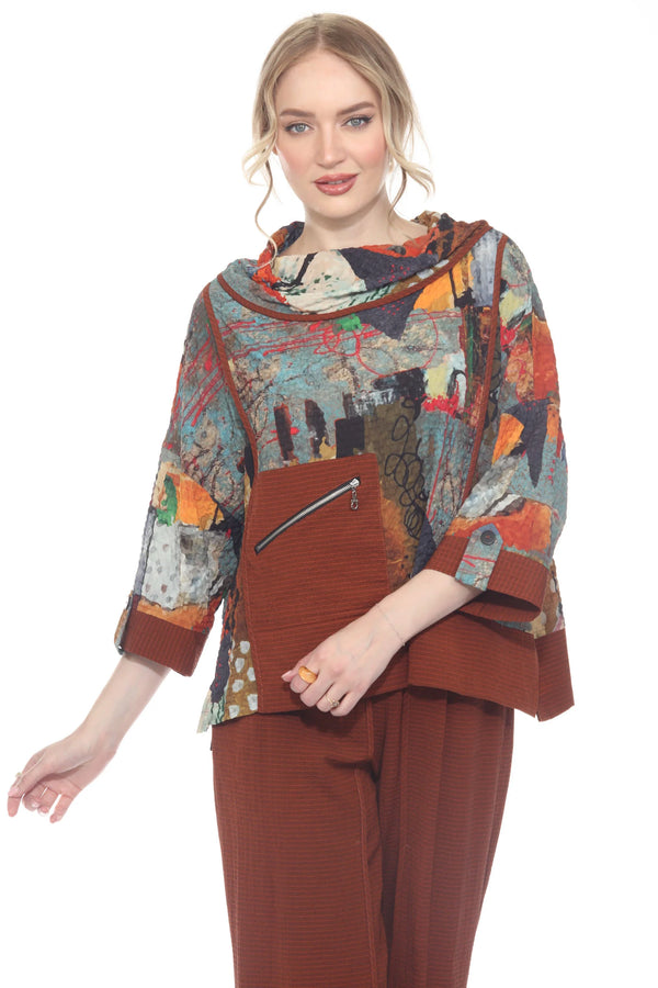 Modern-Art-Print Draped Neck Top - 4202