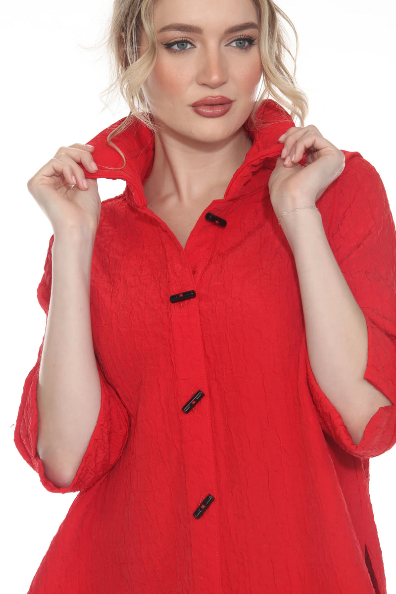 Textured Red Button Front Shirt-Jacket - 4203-RD