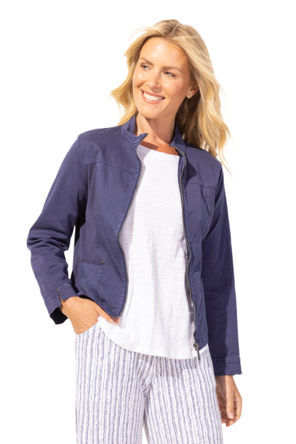 Sun Washed Zip Front Cotton Jacket in Navy - 42641-NVY