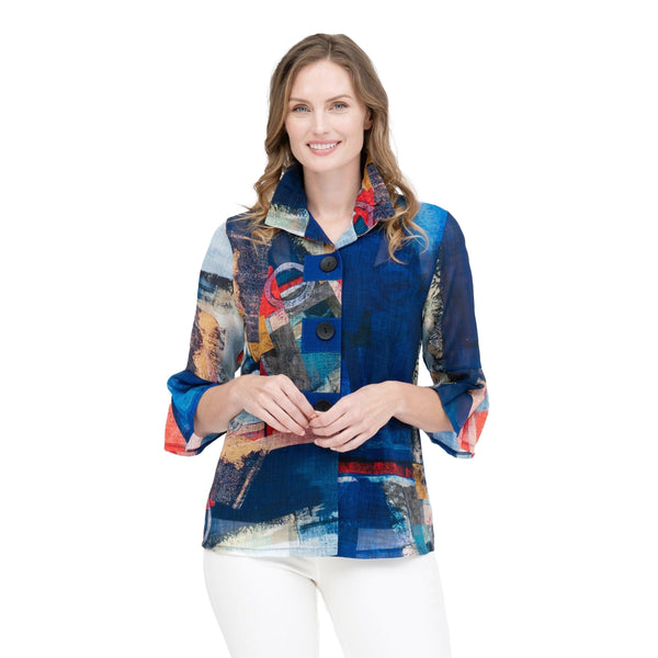 Damee Abstract Art Print Button Patch Jacket in Blue - 4879
