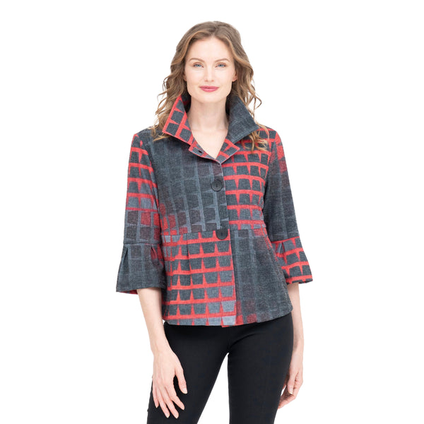 Two-Tone Grid-Print Short Peplum Jacket - 4946-RD