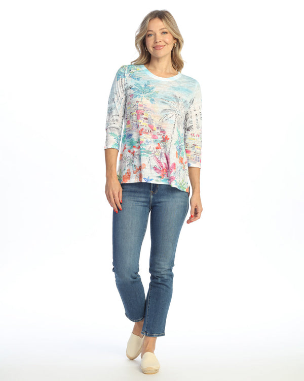 "Seaside" Abstract Print Burnout Top - 44-2054