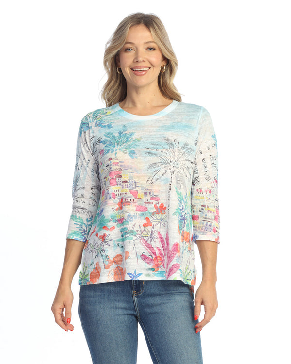 "Seaside" Abstract Print Burnout Top - 44-2054