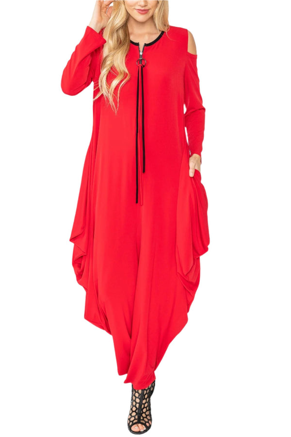 IC Collection Cold Shoulder Jumpsuit in Red - 4502JS-RD