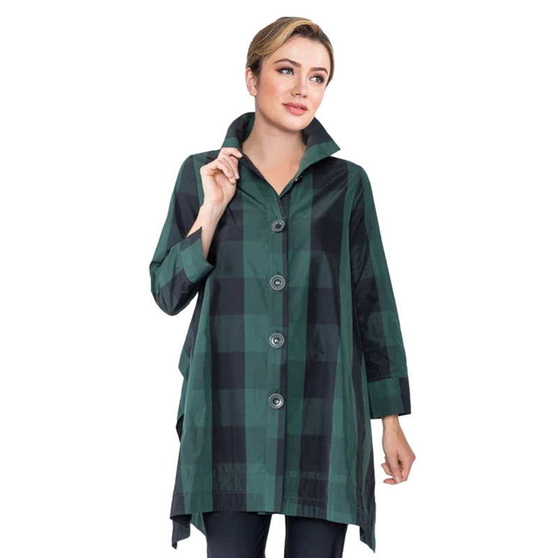 IC Collection Long Plaid Side Slit Jacket in Hunter Green - 4546J