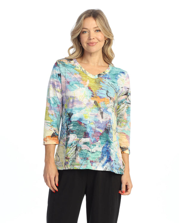 "Kelly" Abstract Print Burnout V-Neck Top - 46-2050