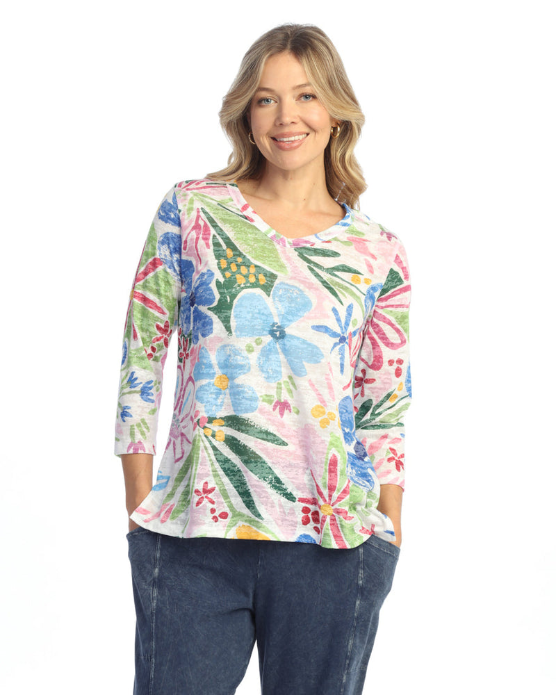 "Rosy" Abstract Print Burnout V-Neck Top - 46-2061