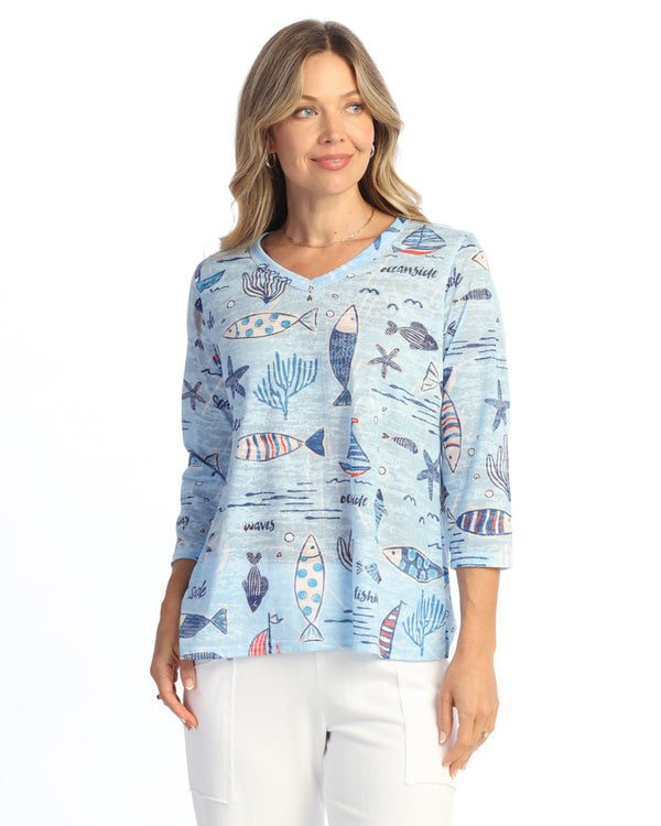Abstract Print Burnout V-Neck Top - 46-