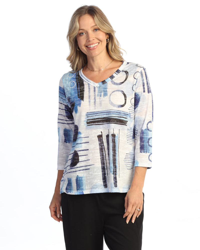 Abstract Print Burnout V-Neck Top - 46