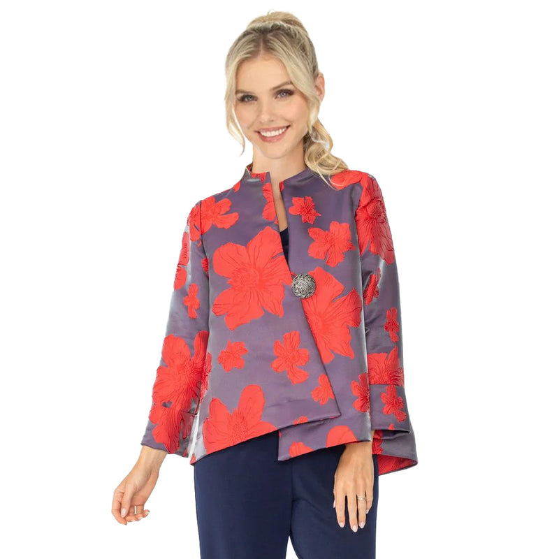 IC Collection Blossom Jacquard Asymmetric Jacket in Red - 4758J-RD