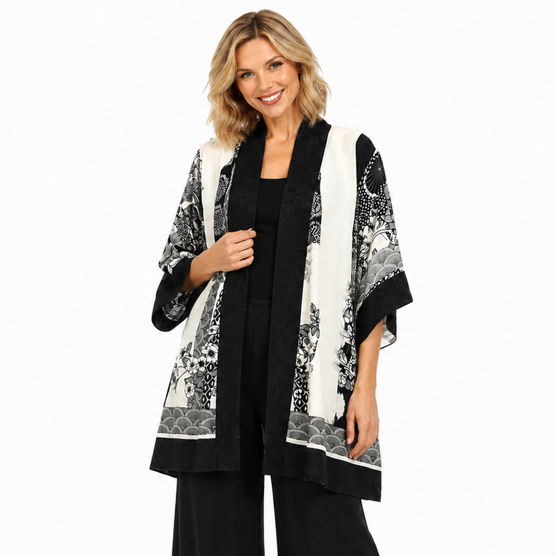 Asian Inspired Black & White Print Kimono Jacket - 0917BWB